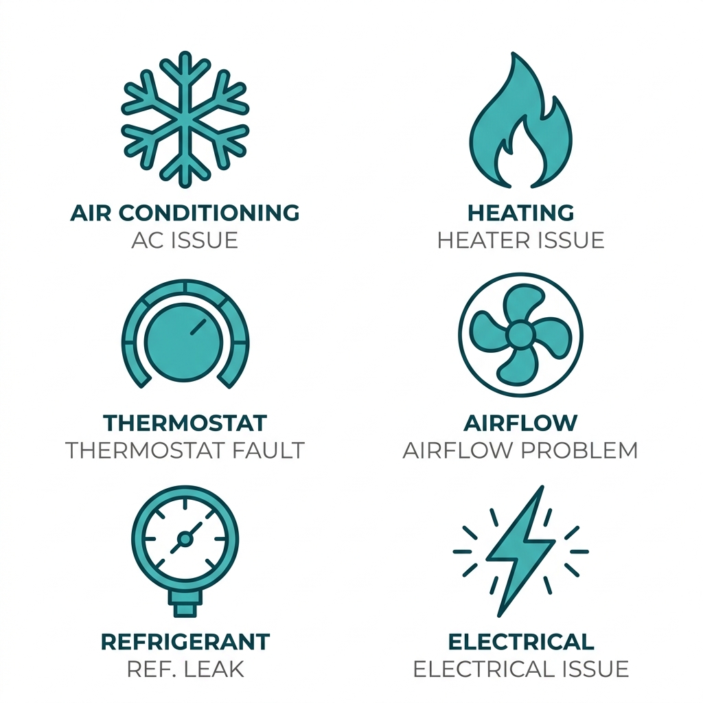 Set of six outlined HVAC icons in teal on white background: snowflake, flame, thermostat dial, fan, pressure gauge, and lightning bolt, each labeled in gray text below.