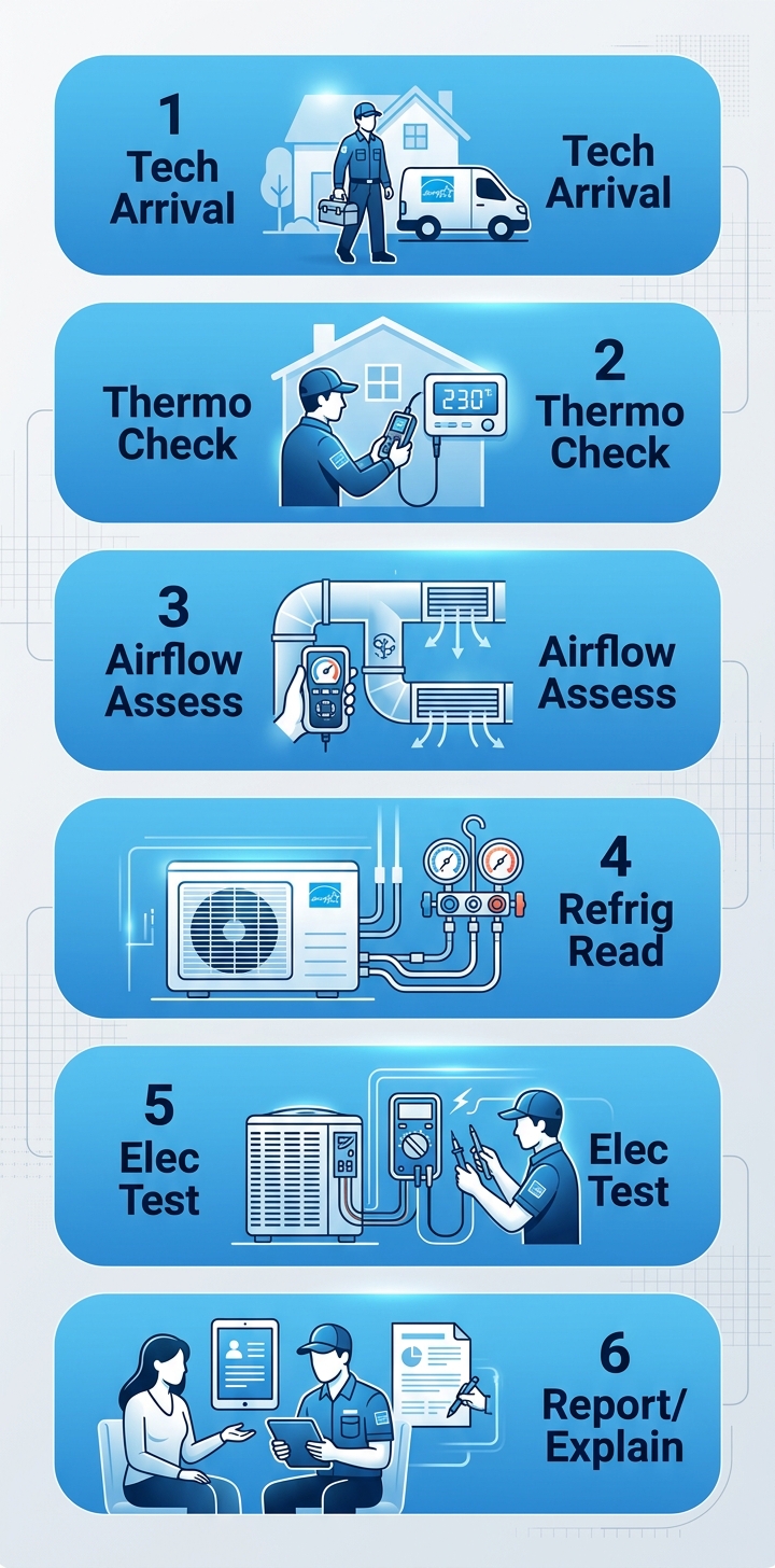 Vertical process flow diagram showing six steps of an HVAC diagnostic visit: Technician Arrival, Thermostat Check, Airflow Assessment, Refrigerant Reading, Electrical Testing, and Report & Explanation.