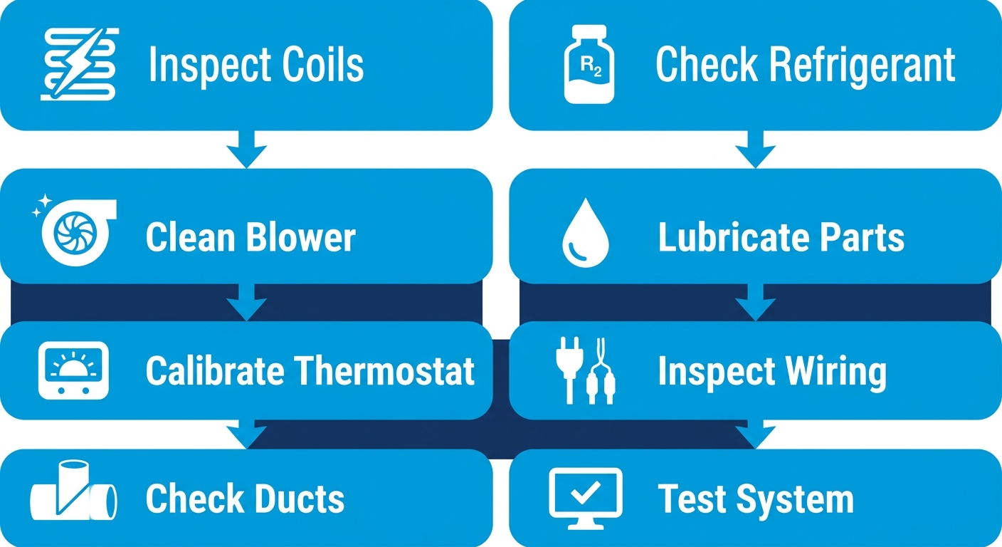 Eight-step vertical process flow showing HVAC maintenance procedure from coil inspection to system performance test, with blue gradient boxes and white icons.