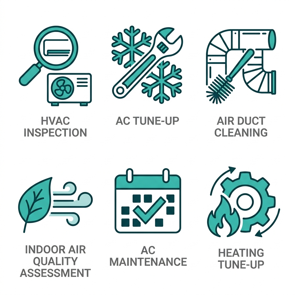 Set of six outline icons representing HVAC services: inspection, tune-up, duct cleaning, air quality assessment, maintenance, and heating tune-up in teal with gray labels.