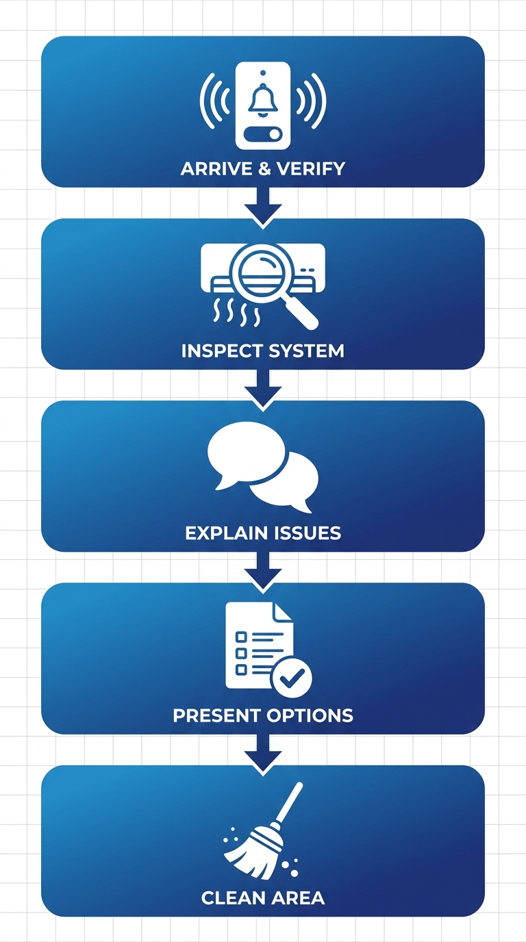 Vertical process flow diagram showing five steps of AC technician arrival