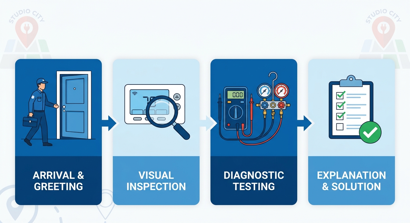 Horizontal process flow diagram showing four steps of HVAC diagnostic process: arrival and greeting, visual inspection, diagnostic testing, explanation and solution, with blue gradient color scheme and subtle Studio City map pin background.