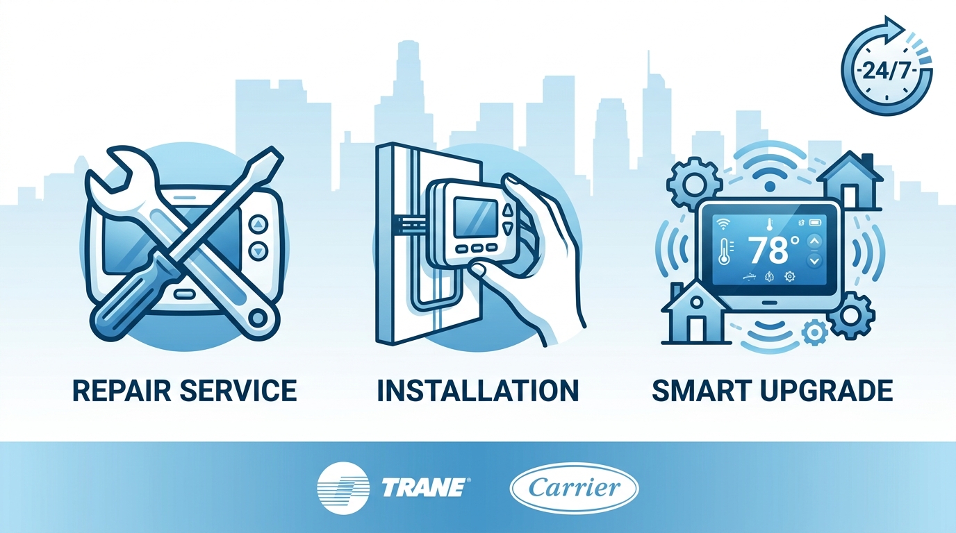 Infographic featuring three thermostat service categories with icons: Repair, Installation, and Smart Upgrade, with subtle brand logos and Studio City skyline silhouette in background.