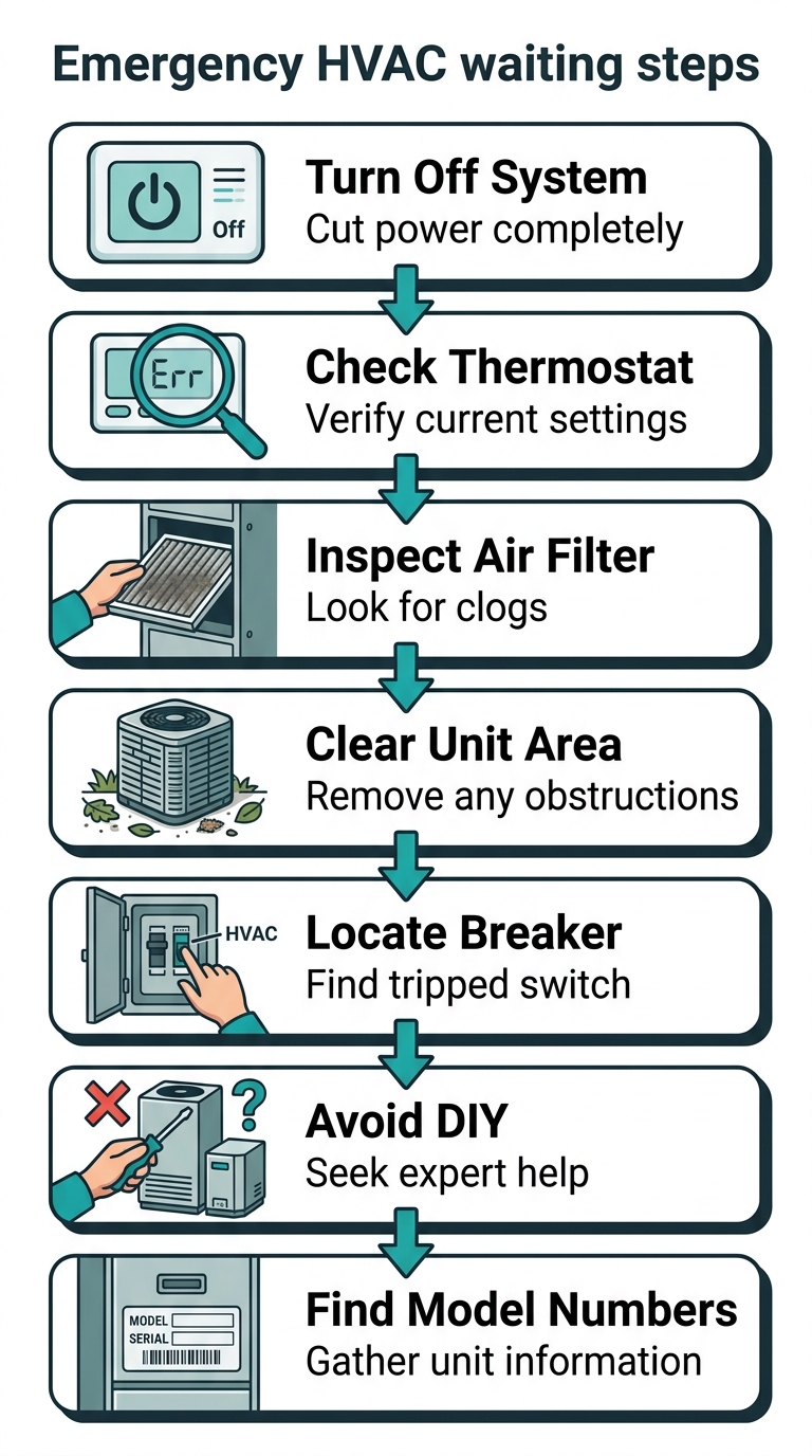 Seven steps to take while waiting for emergency HVAC service, from turning off the system to finding model numbers.