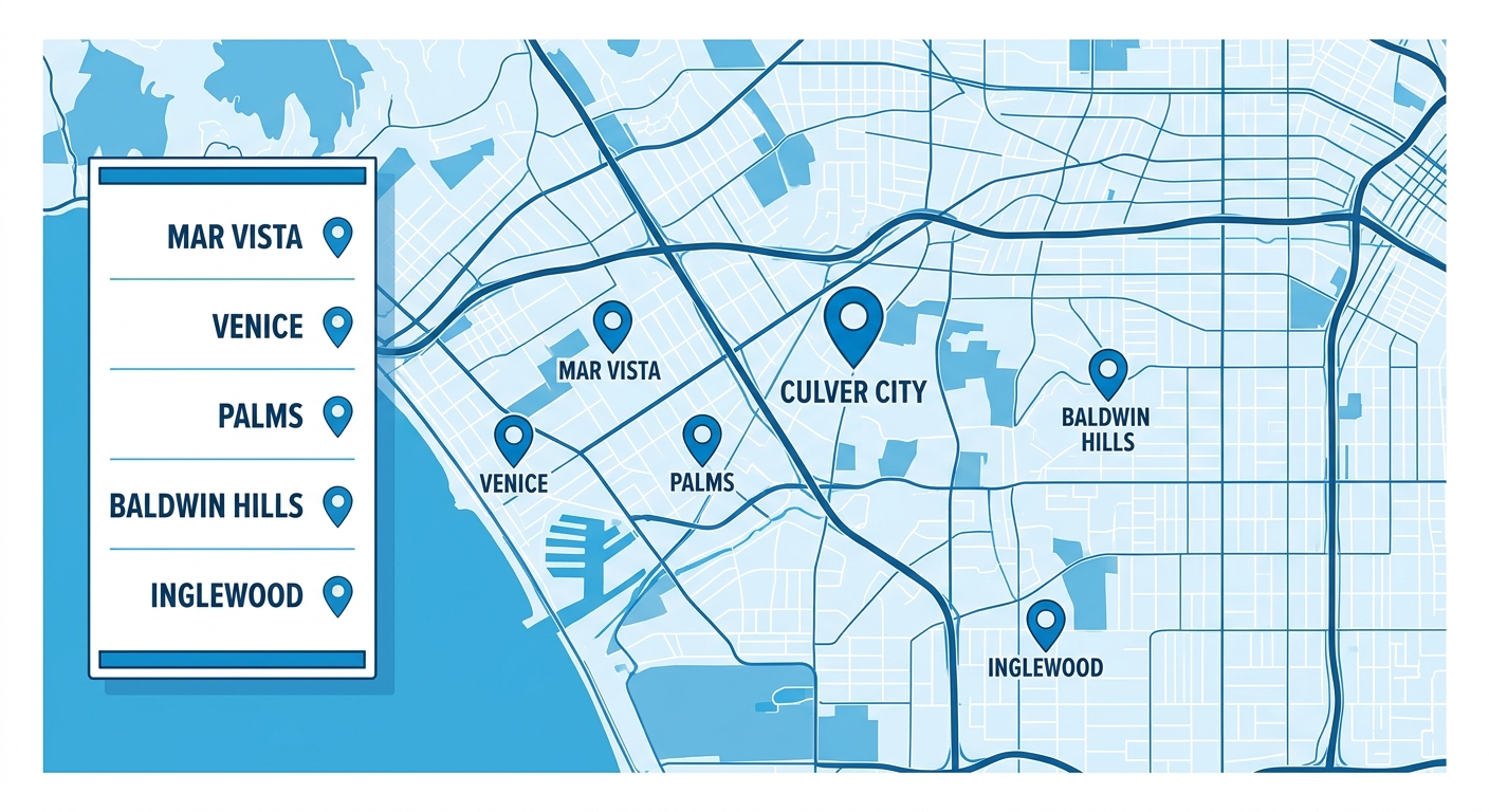 Infographic map of Culver City heating and cooling service area highlighting neighboring communities Mar Vista, Venice, Palms, Baldwin Hills, Inglewood with blue-tone design and clean white background.