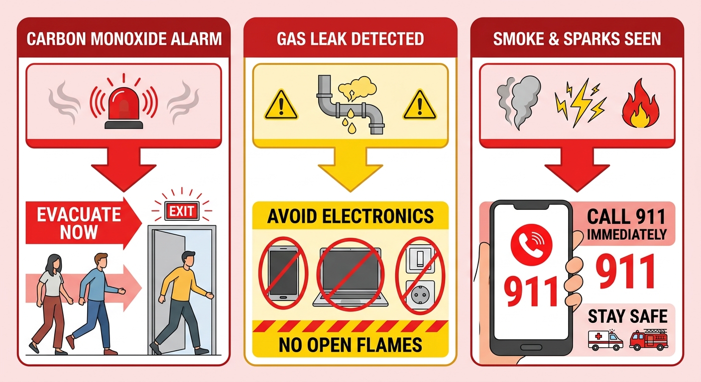 Horizontal process flow diagram showing three emergency scenarios: carbon monoxide alarm, gas leak, and smoke or sparks