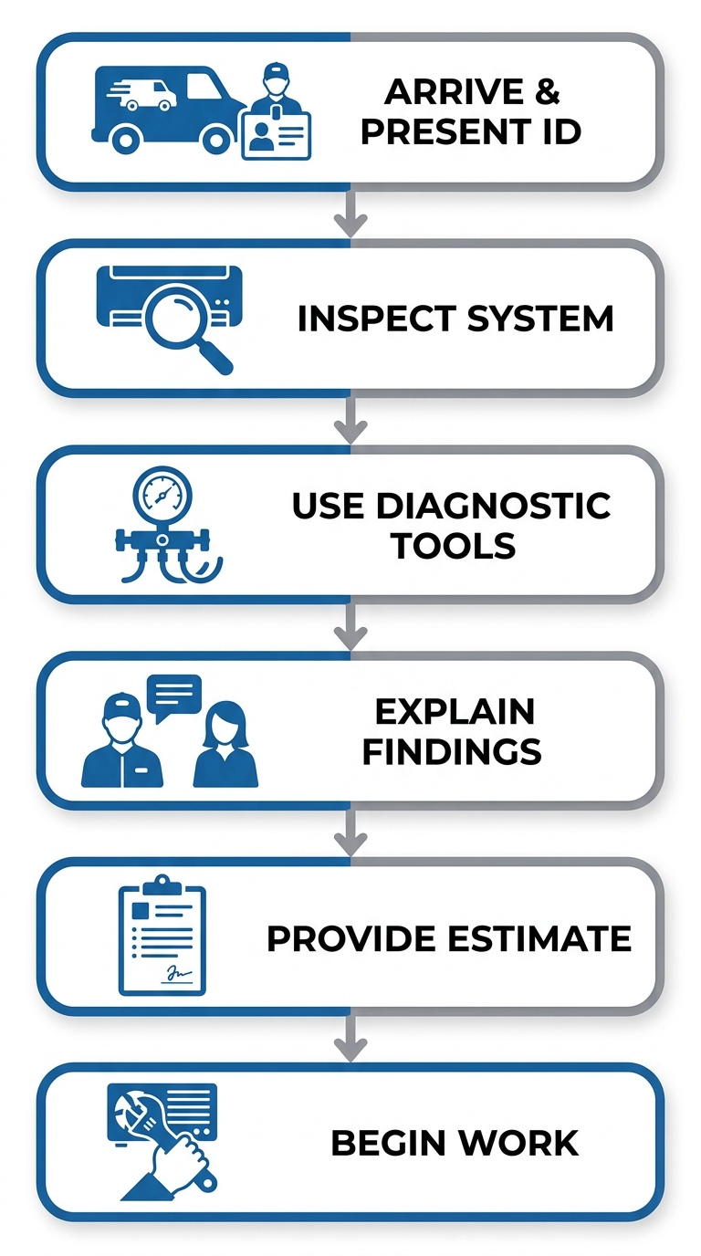 Vertical process flow diagram of a 6-step HVAC technician service visit