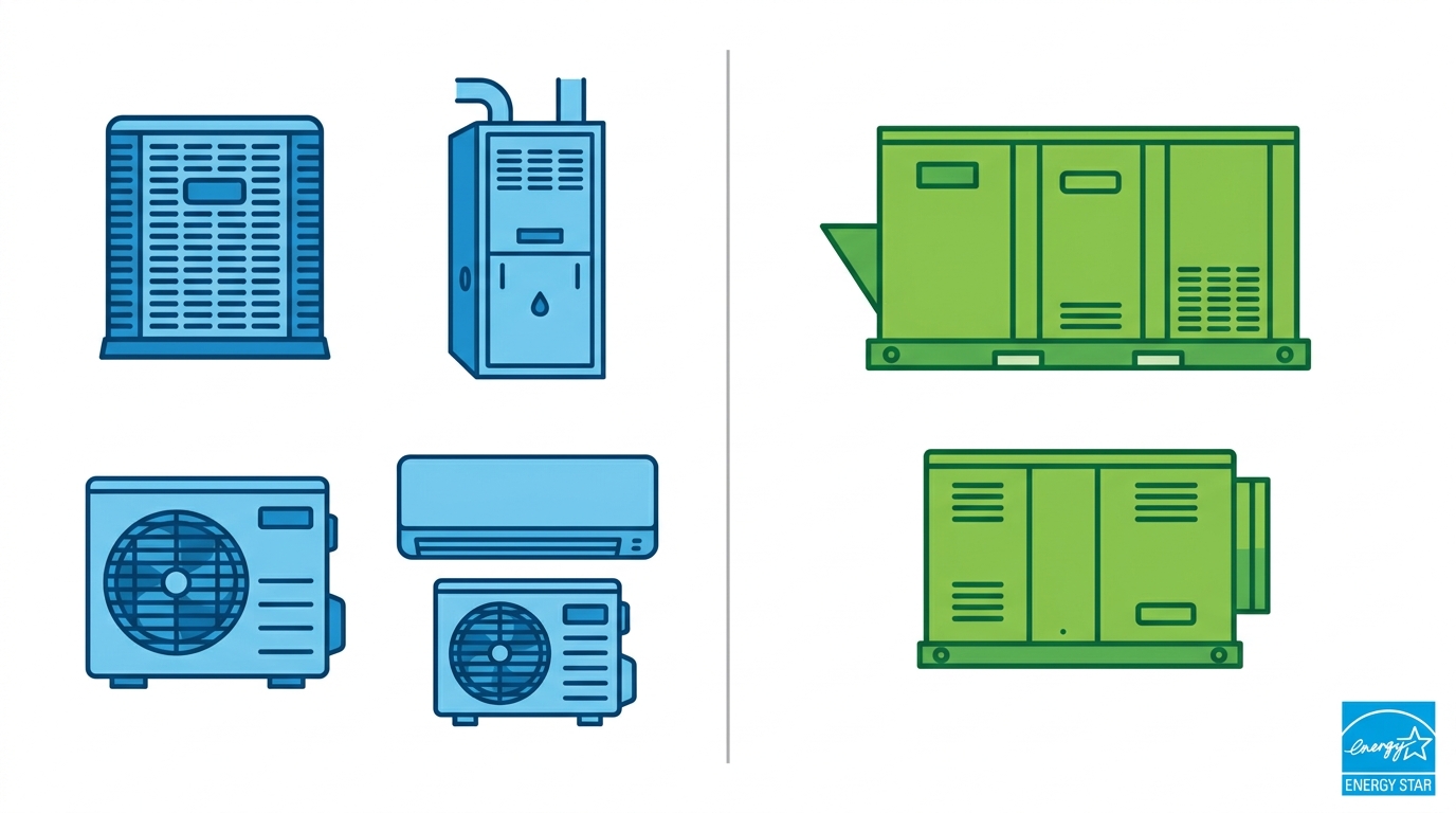Infographic comparing residential HVAC systems in blue and commercial HVAC systems in green
