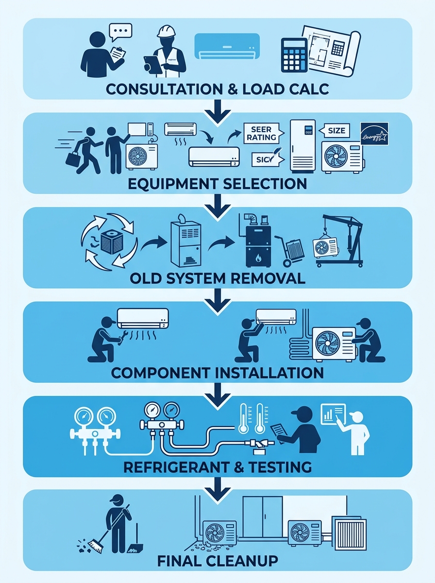 Vertical process flow diagram illustrating six stages of professional AC installation: consultation and load calculation, equipment selection, old system removal, component installation, refrigerant charge and testing, and final cleanup. Each stage is shown as a rounded rectangle with gradient blue fill and white icon, connected by downward arrows.