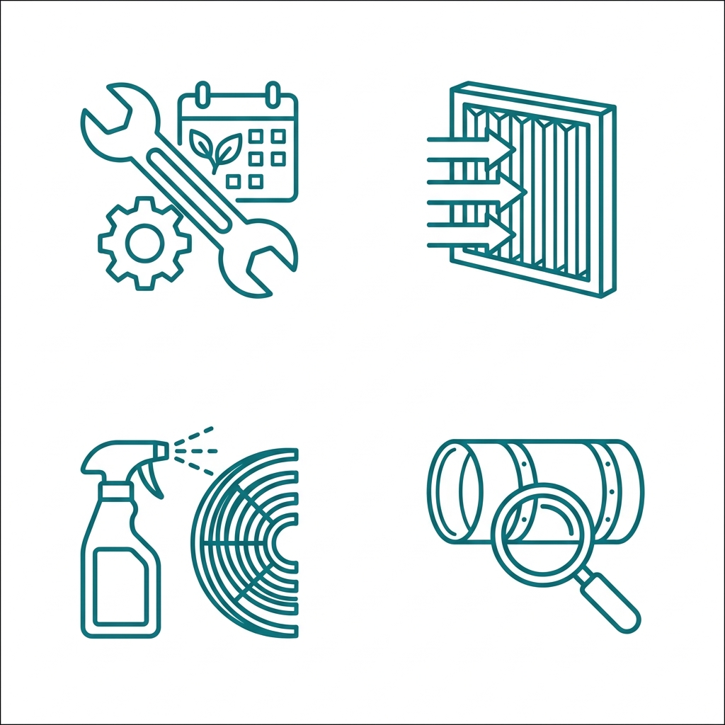 Grid of four outline icons showing AC maintenance tasks: annual tune-up, filter replacement, coil cleaning, and duct inspection