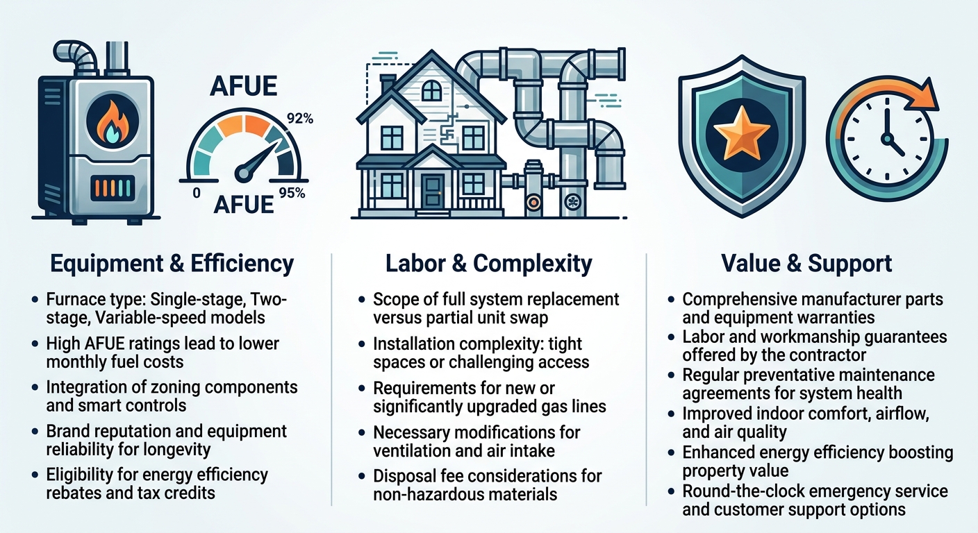 Infographic with three columns showing factors for furnace installation cost: Equipment & Efficiency with furnace icon, Labor & Complexity with house icon, and Value & Support with shield icon, using navy, teal, and orange colors.