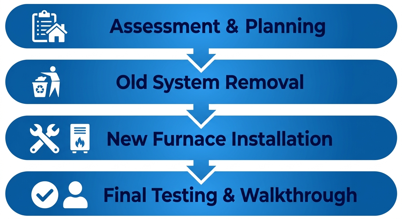 Vertical process flow diagram illustrating four stages of furnace replacement: In-Home Assessment, Old Furnace Removal, New Furnace Installation, and Final Testing & Walkthrough, with connected rounded rectangles in gradient blue.