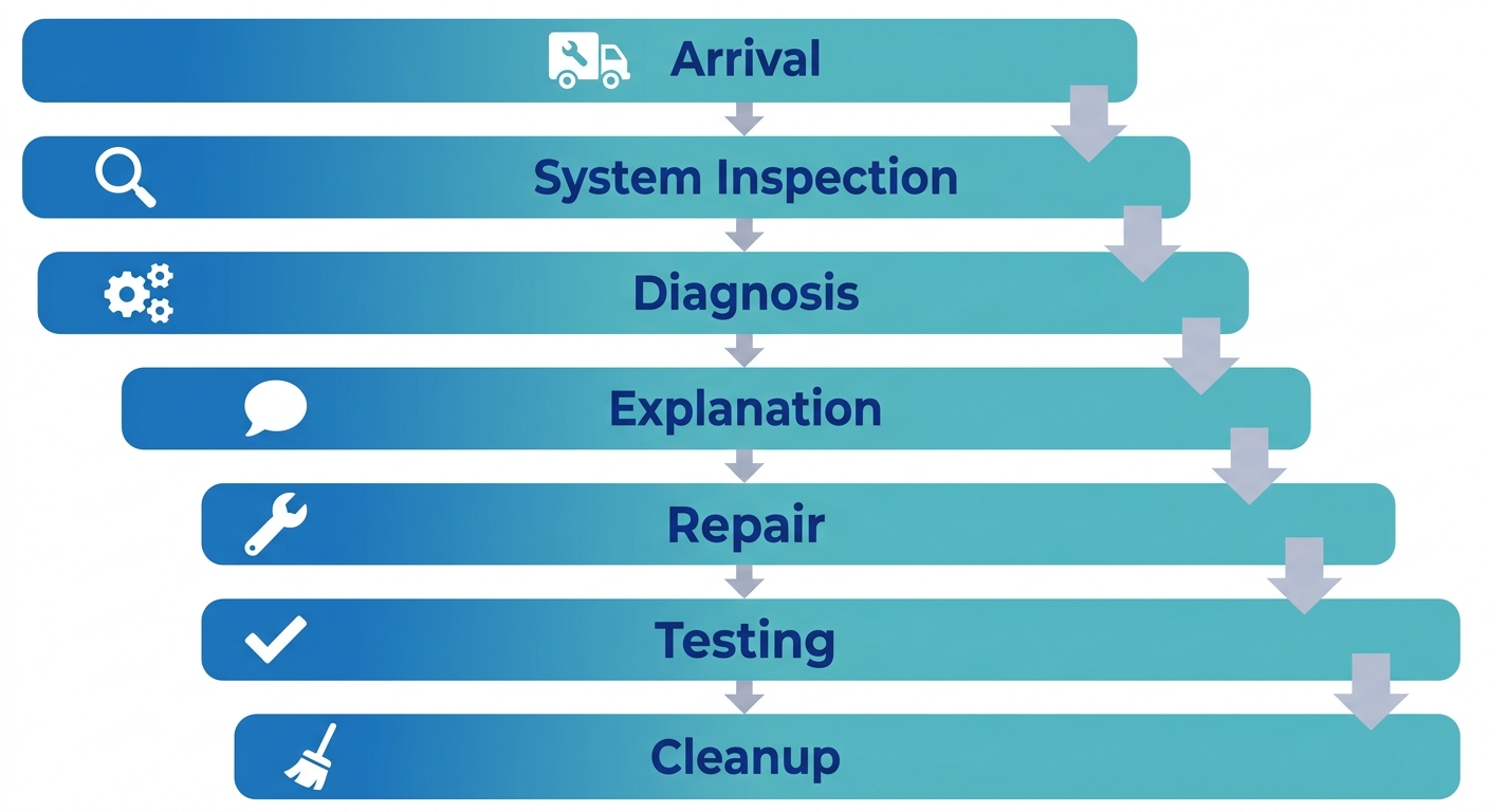 Seven-stage vertical process flow illustrating an AC repair visit by Culver City Heating & Cooling.