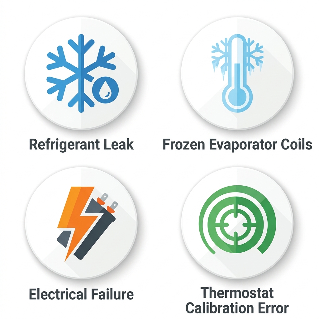 Four circular icons with flat modern style representing HVAC emergencies: refrigerant leak (blue snowflake with droplet), frozen evaporator coils (light blue thermometer with ice), electrical failure (orange lightning over capacitor), and thermostat calibration error (green dial with target).