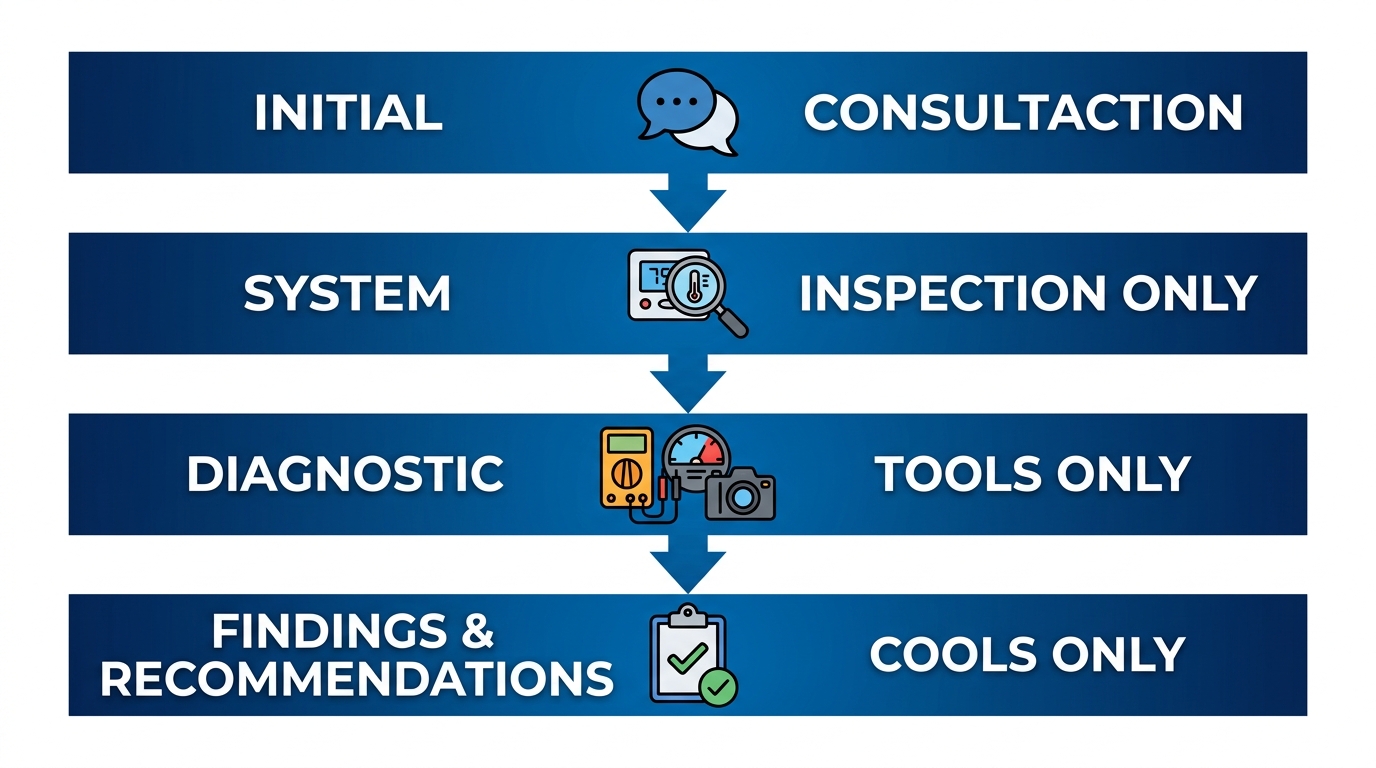 Vertical process flow diagram for HVAC diagnostic visit showing four stages: Initial Consultation, System Inspection, Diagnostic Tools, and Findings & Recommendations, each with icons and downward arrows.