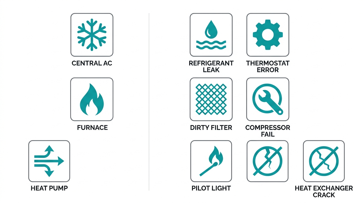 Two-column infographic showing three HVAC system icons and six common issue icons. Left column has icons for central air conditioner, furnace, and heat pump; right column shows icons for refrigerant leak, thermostat error, dirty filter, compressor failure, pilot light, and heat exchanger crack. Icons are teal on white with dark gray labels.