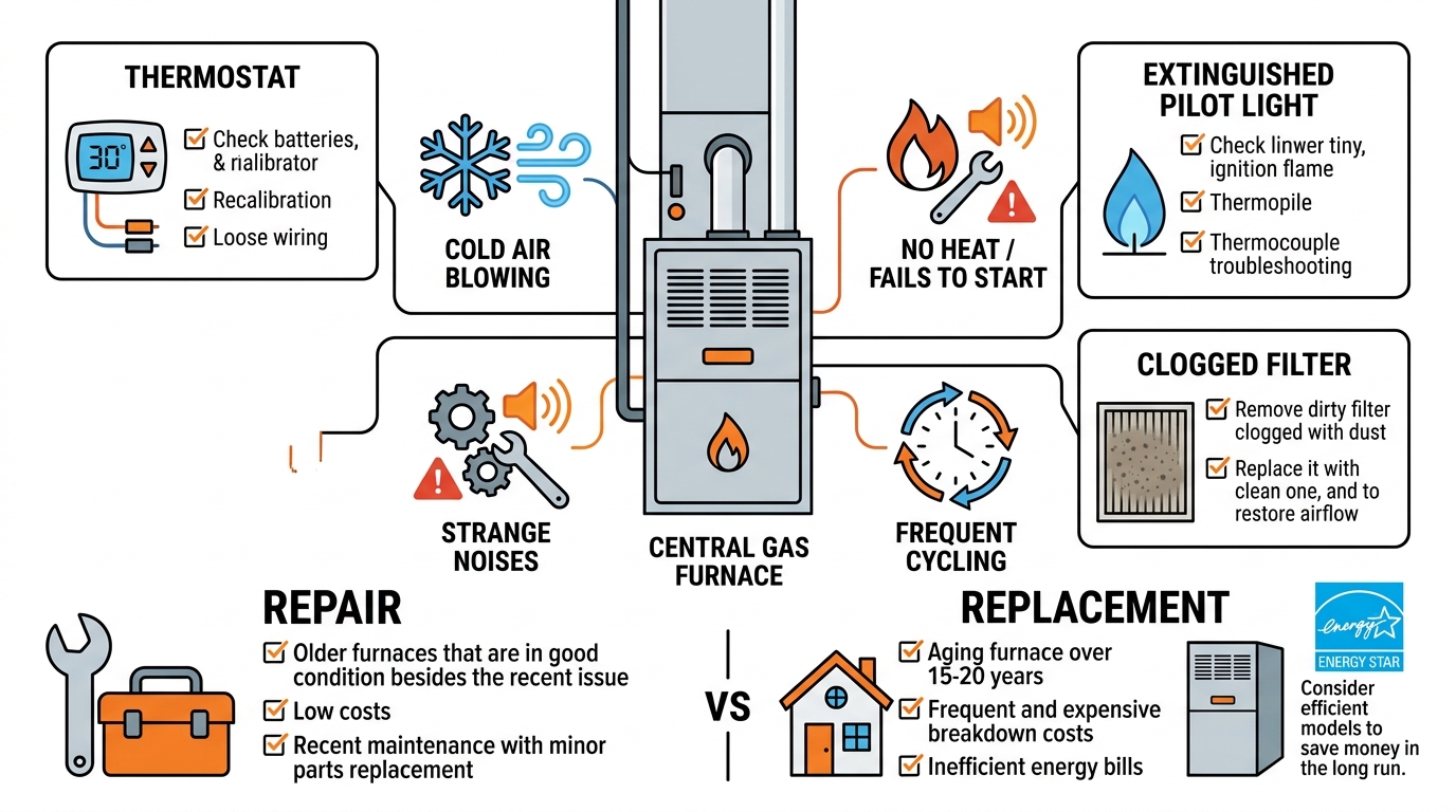 Infographic showing common furnace symptoms, causes, and repair versus replacement decision guide in blue and orange palette.