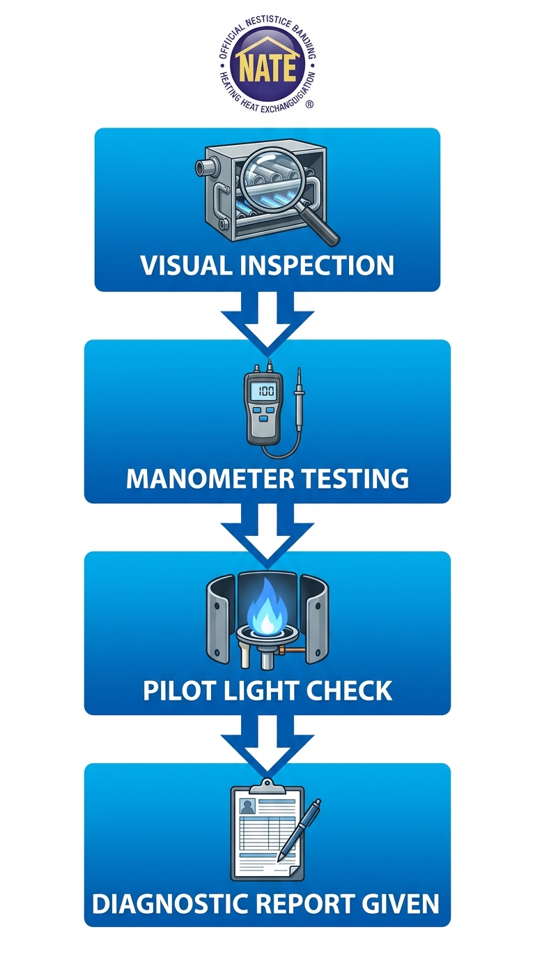 Four-step vertical process flow diagram for heating system diagnostic process: Visual Inspection, Specialized Tool Testing, Ignition and Pilot Light Check, and Written Estimate Provided, with downward arrows and NATE certification badge.