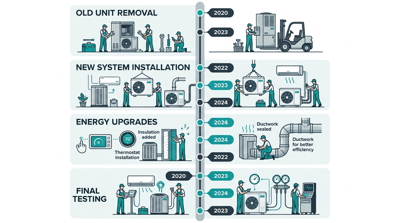 Vertical timeline of HVAC installation process showing four stages: old unit removal, new system installation, energy upgrades, and final testing, with teal and gray color scheme.