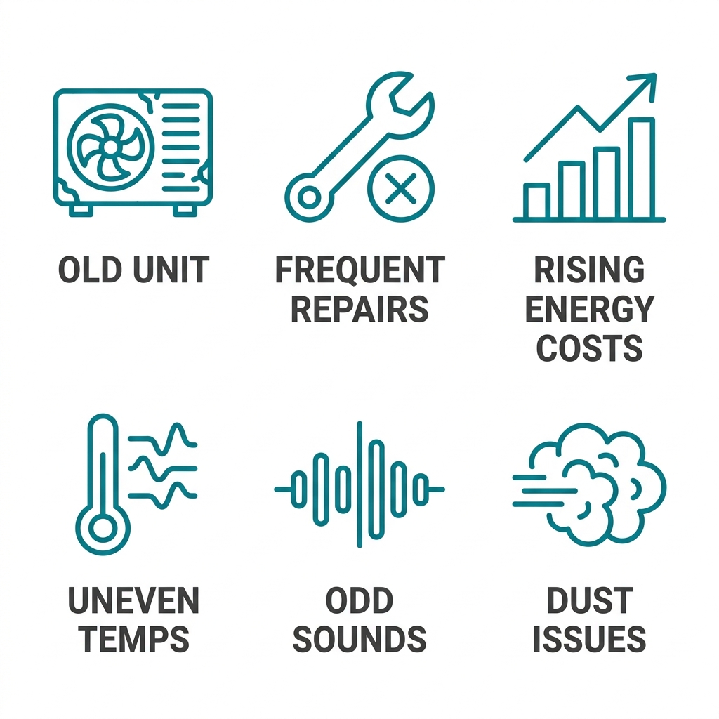 Grid of six HVAC warning icons with labels: old unit, frequent repairs, rising costs, uneven temps, odd sounds, dust issues, on white background.