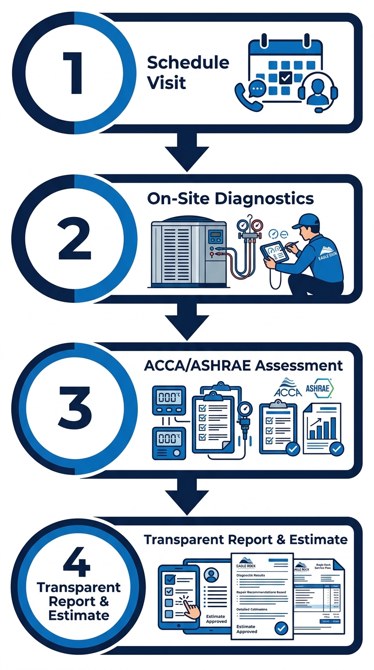 Vertical process flow diagram of Eagle Rock HVAC diagnostic steps: Schedule Visit, On-Site Diagnostics, ACCA/ASHRAE Assessment, and Free Estimate, with blue numbered circles and arrows on white background.