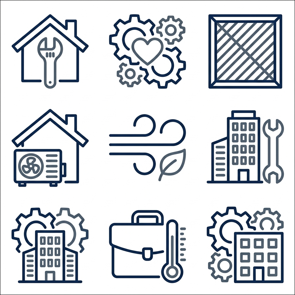 Grid of outline icons representing residential and commercial HVAC services including repair, maintenance, installation, air purification, and consulting.