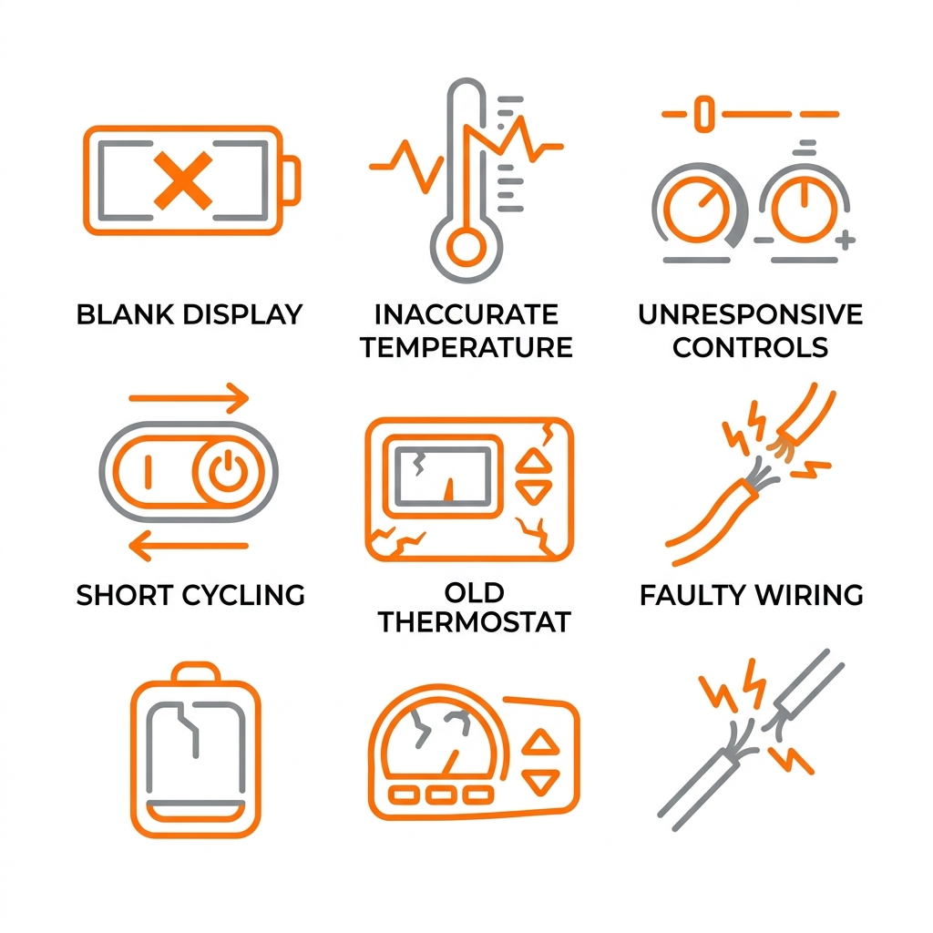 A 3x2 grid of six thermostat warning icons: blank display, inaccurate temperature, unresponsive controls, short cycling, old thermostat, and faulty wiring, each with a short label. Orange and gray outline style on white background.