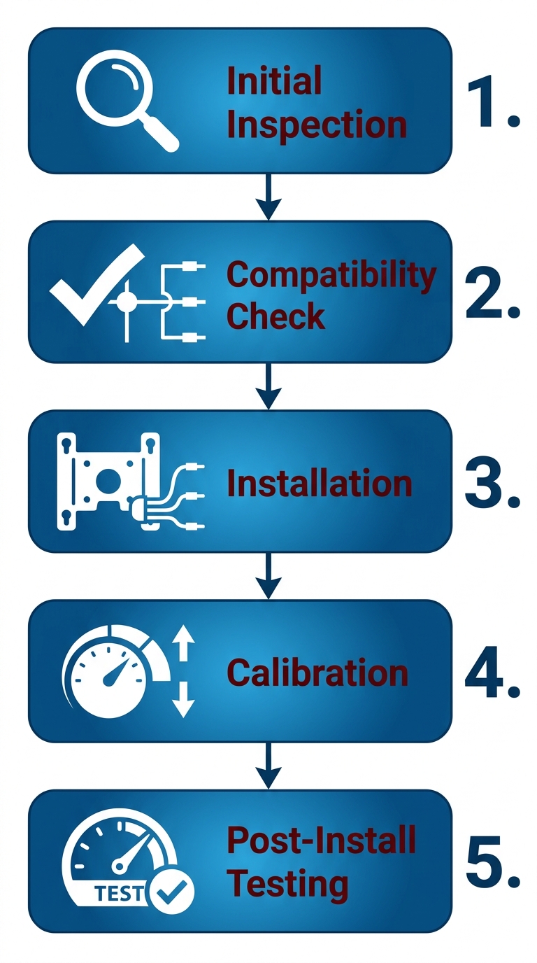 Vertical process flow diagram showing five steps of professional thermostat service: initial inspection, compatibility check, installation, calibration, and post-install testing. Each step is a rounded rectangle with a blue gradient, connected by downward arrows and numbered 1 to 5.