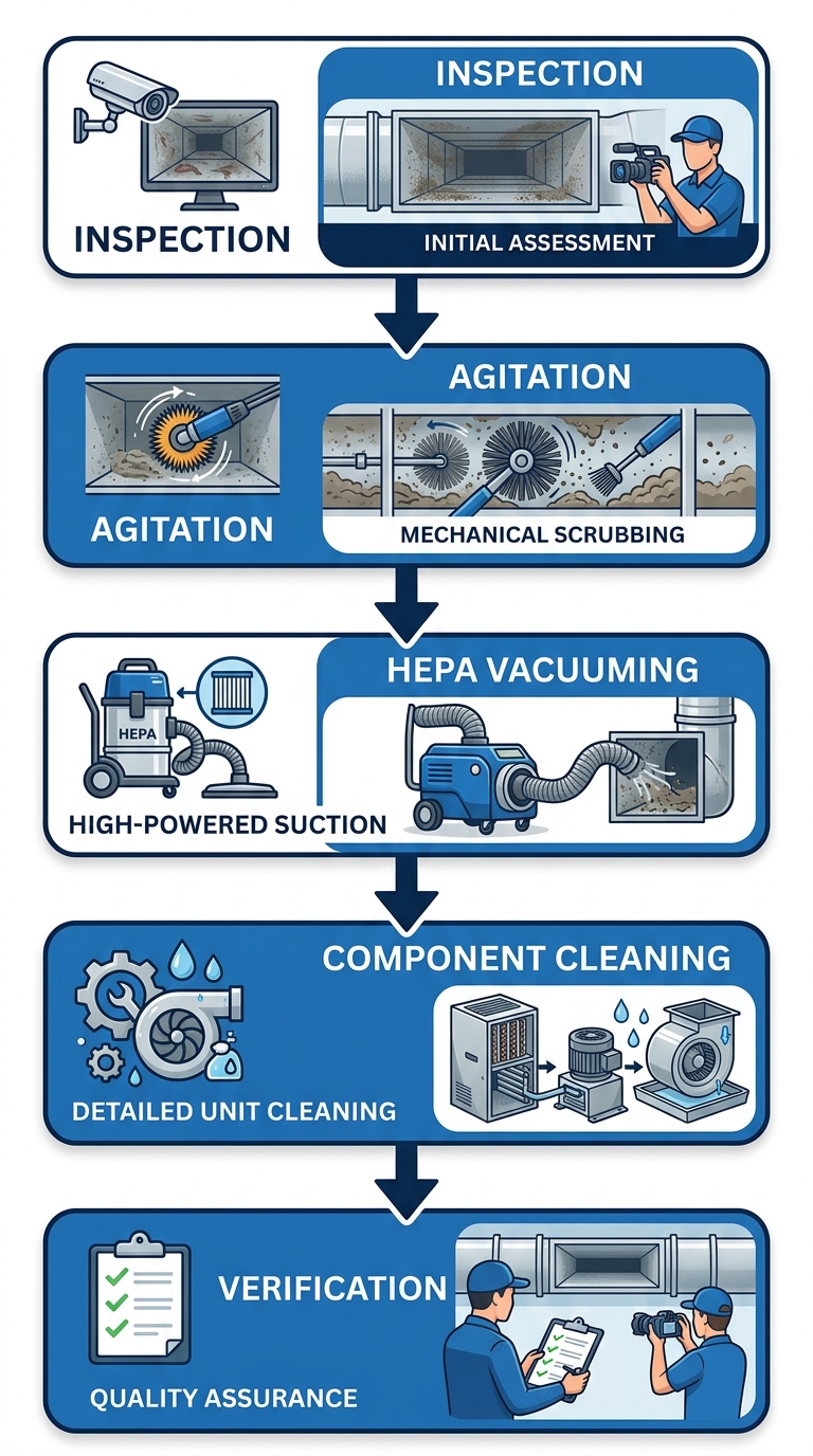 Five-step air duct cleaning process flow: Inspection, Agitation, HEPA Vacuuming, Component Cleaning, Verification with icons and downward arrows on a blue-white gradient background.