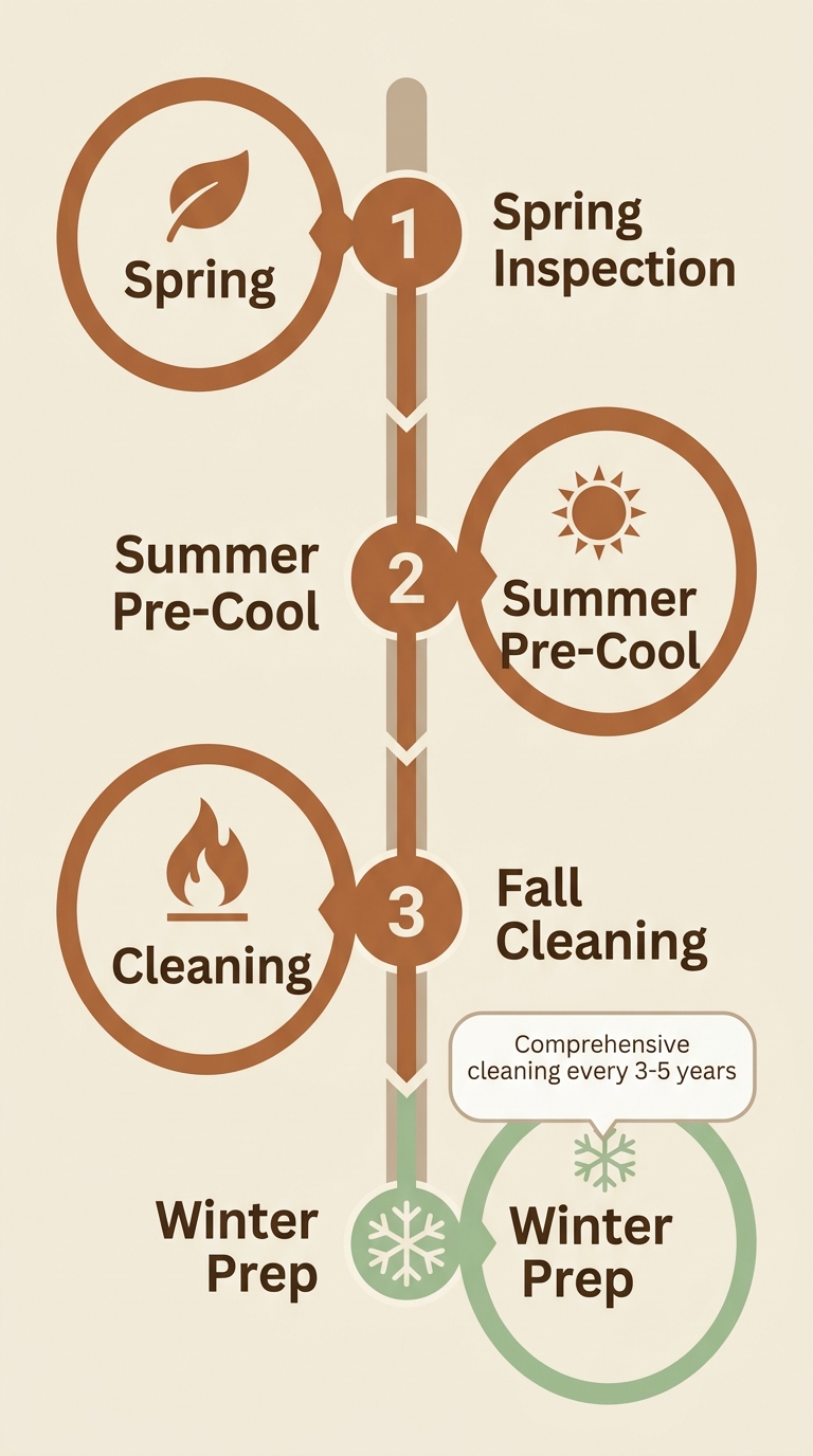 Vertical timeline showing four seasonal duct service stages for Culver City homes: Spring Inspection, Summer Pre-Cool, Fall Cleaning, Winter Prep, with a callout for comprehensive cleaning every 3-5 years. Icons of leaf, sun, flame, snowflake. Professional earth tone illustration.