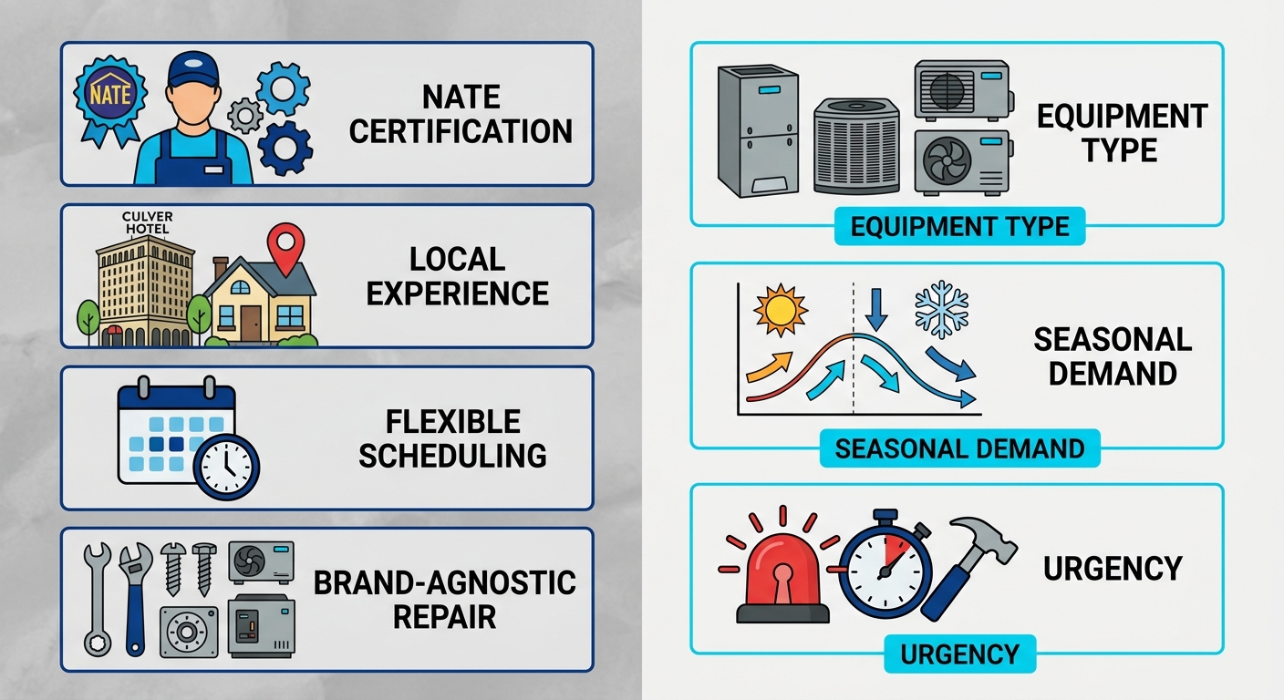 Two-column infographic comparing four HVAC service decision points on the left and three cost factors on the right, using icons and labels, with brand blue and cyan colors on a soft gray background.