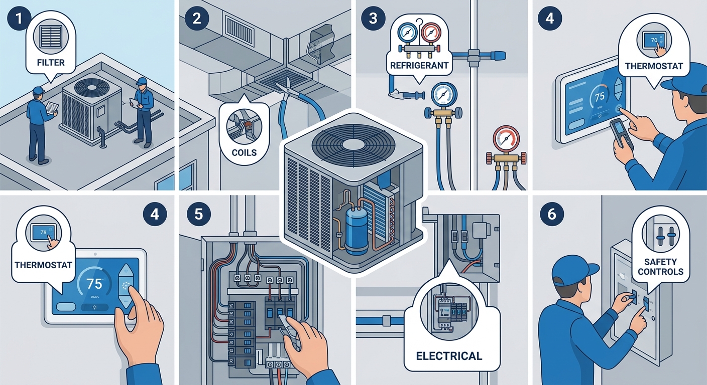Cutaway infographic of an HVAC system highlighting six maintenance checkpoints: filter, coils, refrigerant, thermostat, electrical connections, and safety controls with callout icons on a blue and grey background.