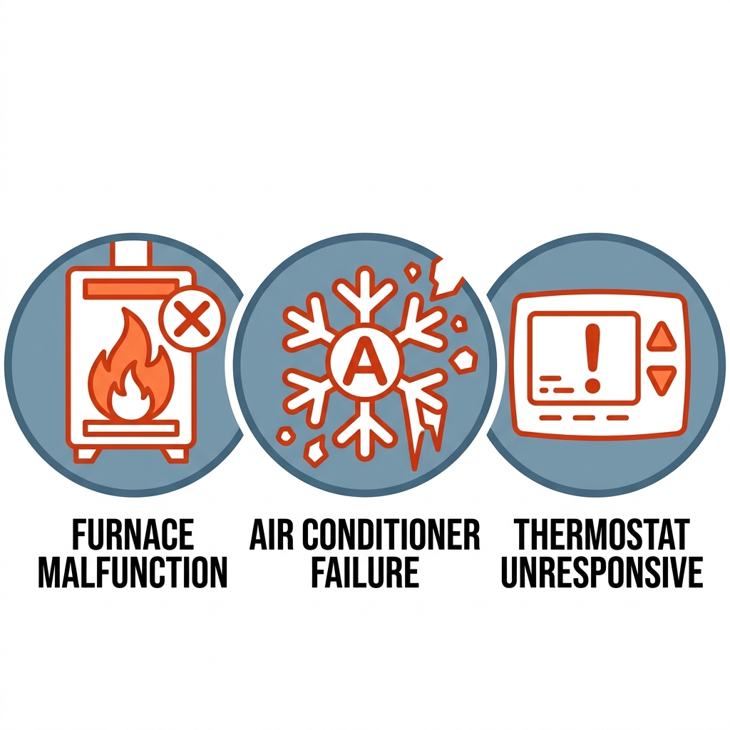 Three horizontally arranged outline icons representing common HVAC emergencies: a flame with an X for furnace malfunction, a snowflake with a cross for air conditioner failure, and an exclamation mark for thermostat unresponsive, each labeled below in bold sans-serif font.