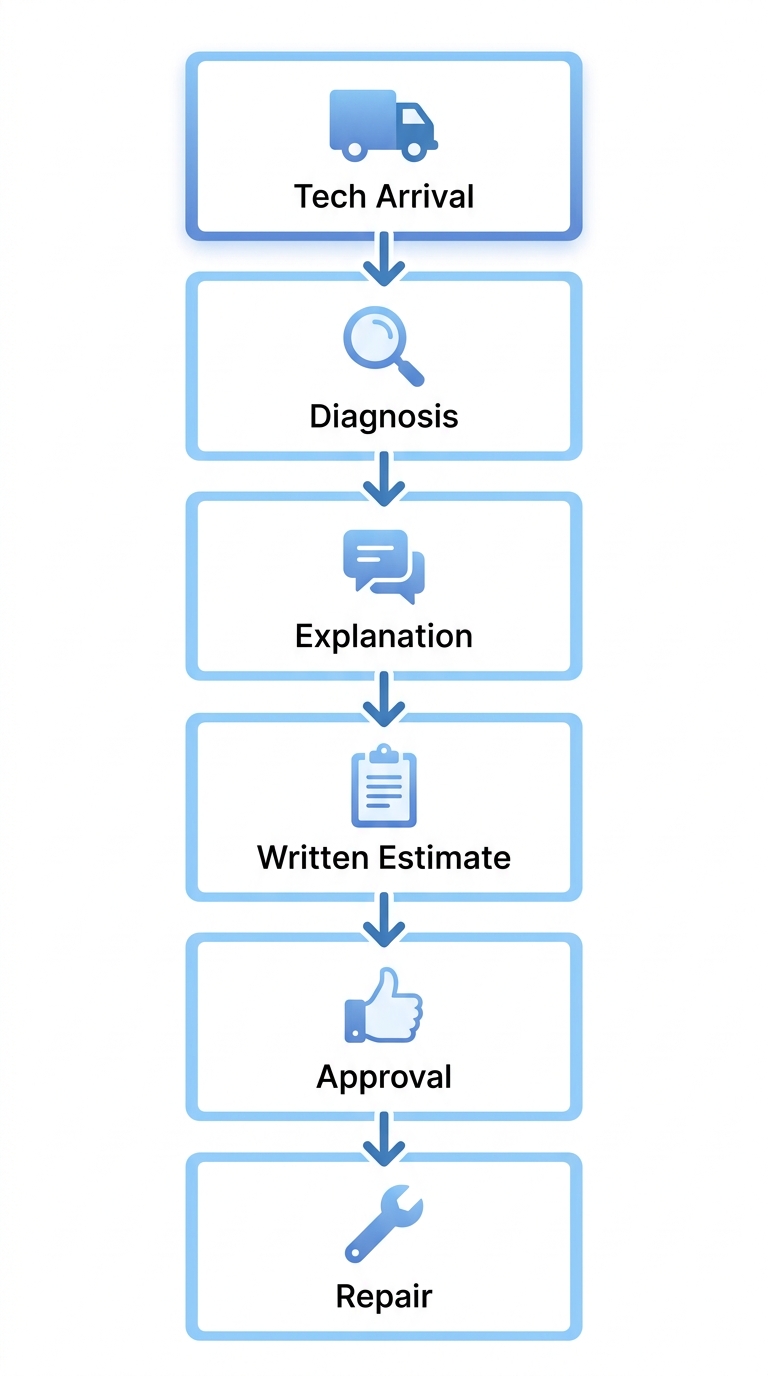 Six-step vertical process flow diagram illustrating San Francisco Expert HVAC's on-arrival emergency service: technician arrival, diagnosis, explanation, written estimate, approval, and repair.