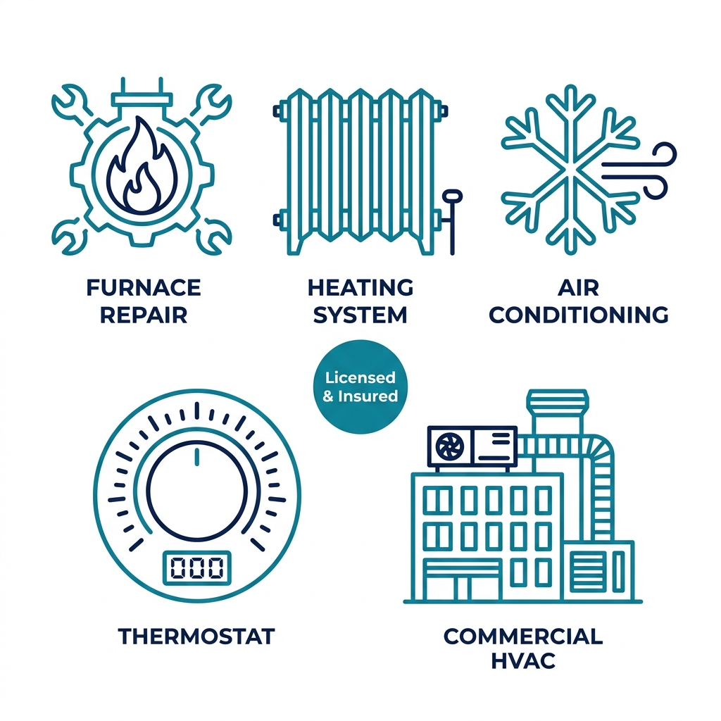 Grid of five outlined icons representing HVAC services: furnace repair, heating system, air conditioning, thermostat, and commercial HVAC, with a Licensed & Insured badge centered between two rows, all in teal and navy on a white background.