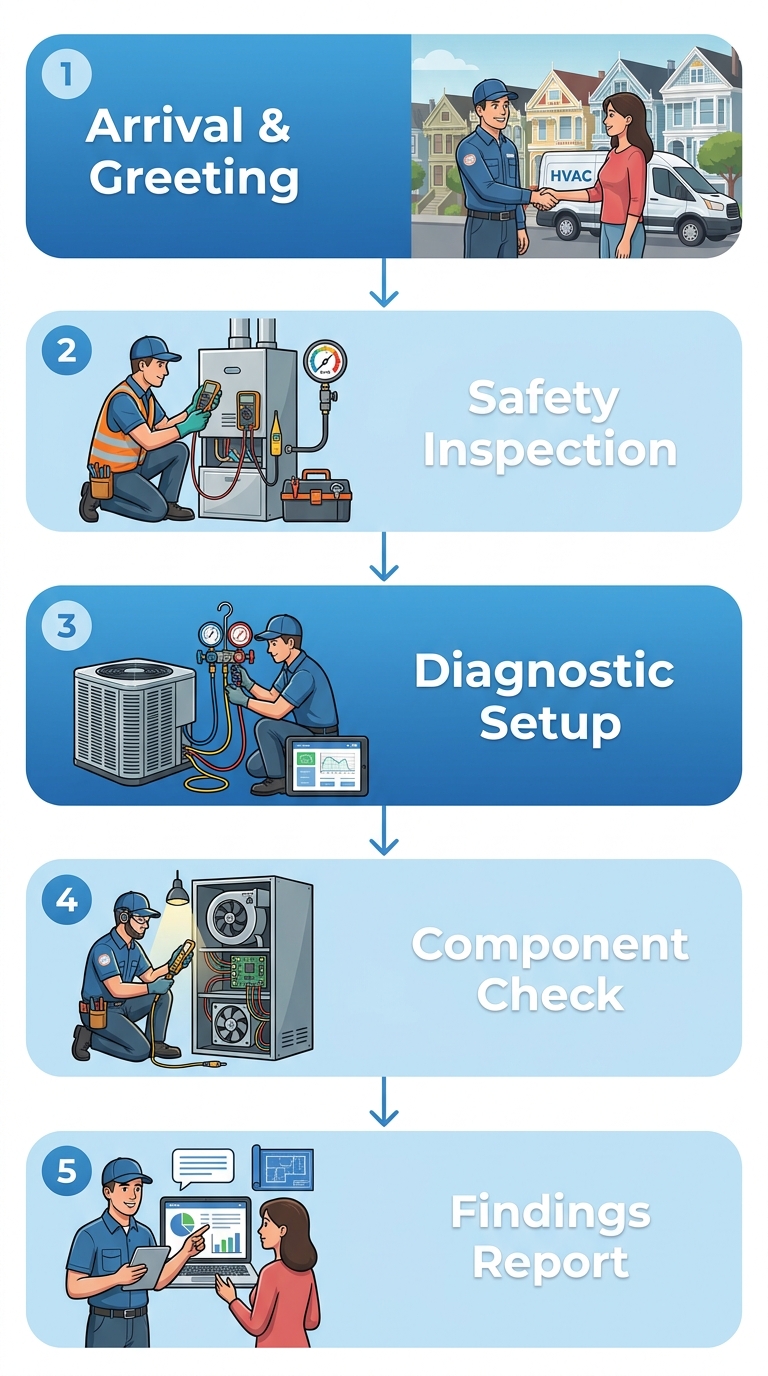 Vertical process flow diagram with five stages: Arrival & Greeting, Safety Inspection, Diagnostic Setup, Component Check, and Findings Report, connected by downward arrows, with icons and blue gradient rounded rectangles, illustrating HVAC technician arrival process.