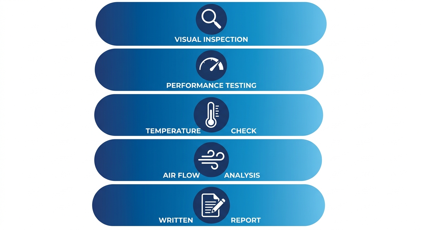 Vertical process flow diagram showing four stages of HVAC diagnostic: Visual Inspection, Performance Testing, Temperature Check, and Air Flow Analysis, leading to a Written Report with Transparent Pricing, with blue gradient backgrounds and white icons.