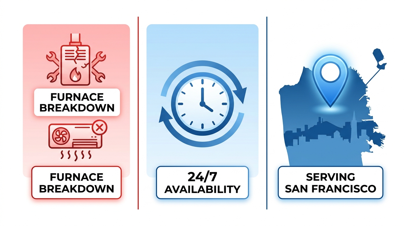 Three-panel infographic showing emergency HVAC services: left panel with furnace and AC icons, center panel with clock icon indicating 24/7 availability, right panel with map pin icon for San Francisco coverage, using red and blue on white background.