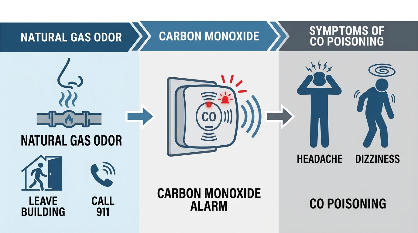 Safety infographic showing three zones for gas odor evacuation steps, carbon monoxide alarm, and CO poisoning symptoms with connecting arrows.
