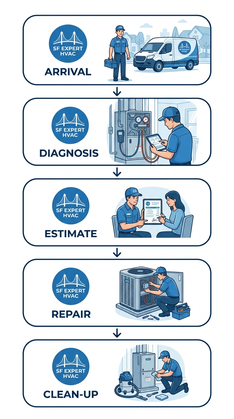 Vertical process flow for HVAC technician visit displaying five stages in blue rounded rectangles with icons: arrival, diagnostic, estimate, repair, and cleanup, arranged top to bottom.