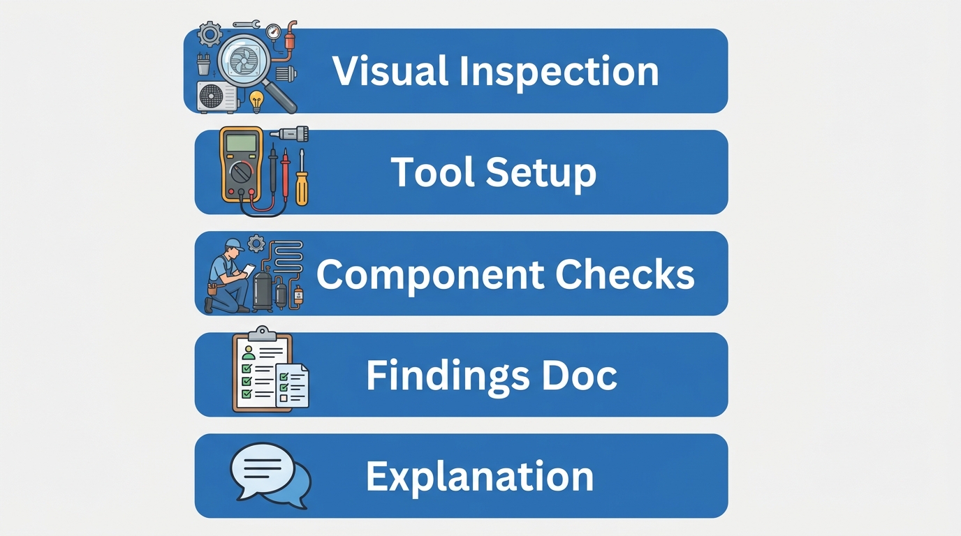 Vertical process flow showing five steps of HVAC diagnostic procedure: visual inspection, tool setup, component checks, findings documentation, and homeowner explanation.