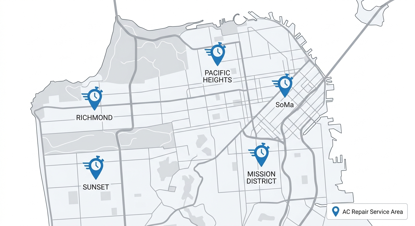 Map infographic of San Francisco neighborhoods served by San Francisco Expert HVAC for AC repair, with blue location pins and fast response badges on a clean white map with stylized streets.