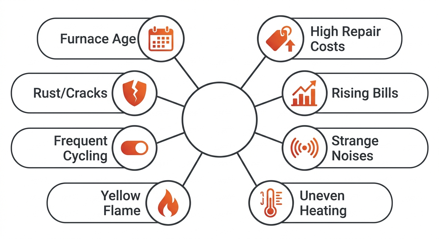 Infographic showing eight warning signs for furnace replacement: furnace age, high repair costs, rising bills, strange noises, uneven heating, yellow flame, frequent cycling, and rust or cracks, each with an icon and short label.