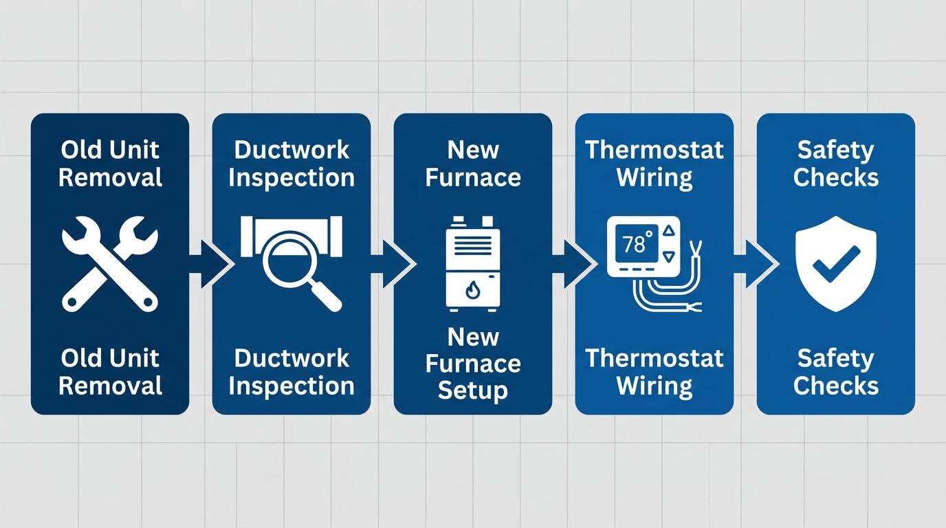 Horizontal process-flow diagram showing five stages of furnace installation in San Francisco: old unit removal, ductwork inspection, new furnace setup, thermostat wiring, and safety checks, with blue gradient arrows connecting rectangular nodes.