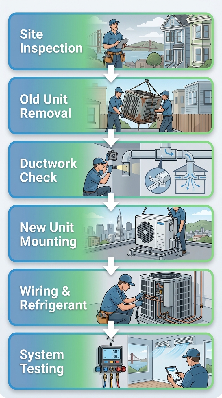 Vertical flowchart of 6 AC installation steps: Site Inspection, Old Unit Removal, Ductwork Check, New Unit Mounting, Wiring and Refrigerant, System Testing, with arrows connecting each step and blue-to-green gradient.
