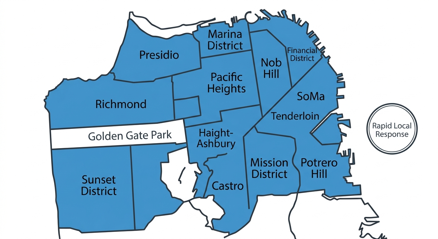 Map of San Francisco neighborhoods covered by expert HVAC service with rapid local response badge