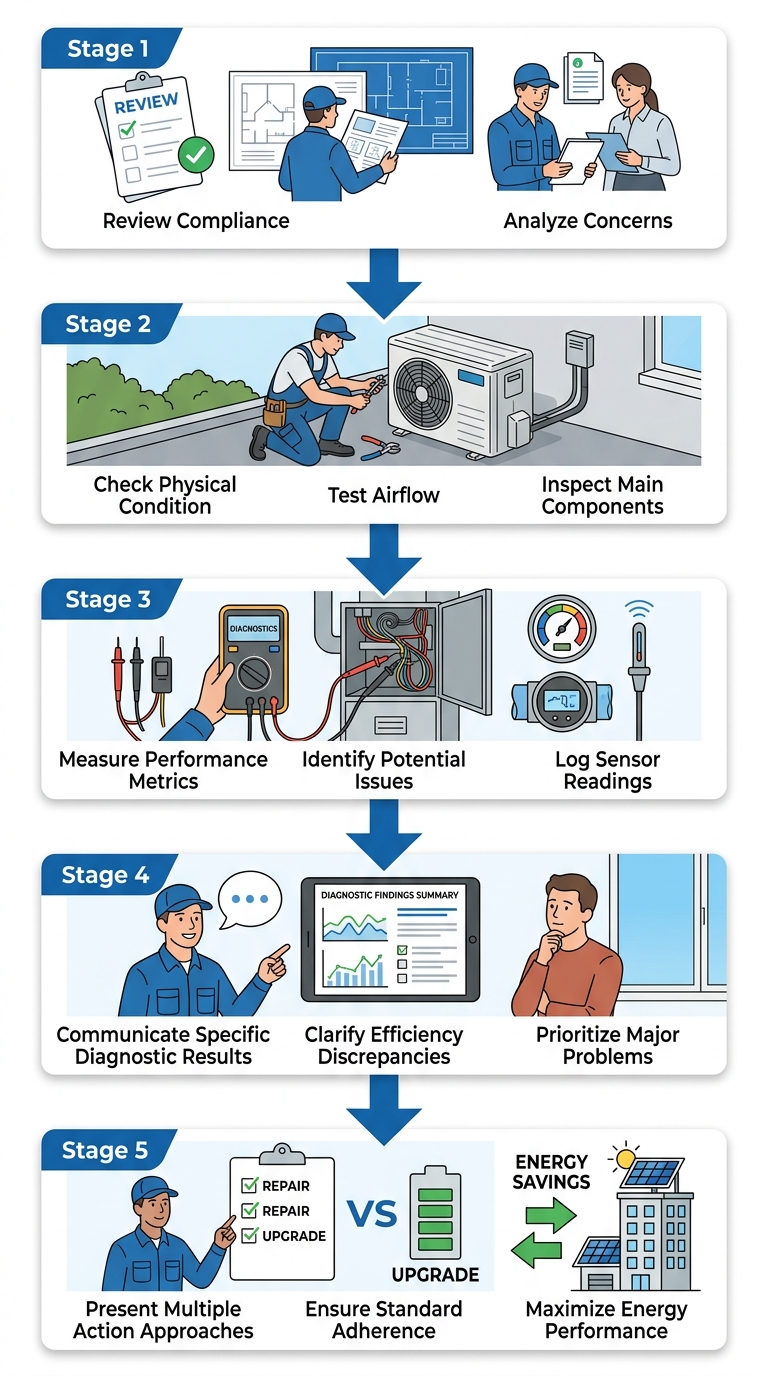 Vertical process flow of HVAC diagnostic steps at San Francisco Expert HVAC: service review, system inspection, diagnostic testing, findings explained, and repair options, with blue icons on white cards connected by arrows.