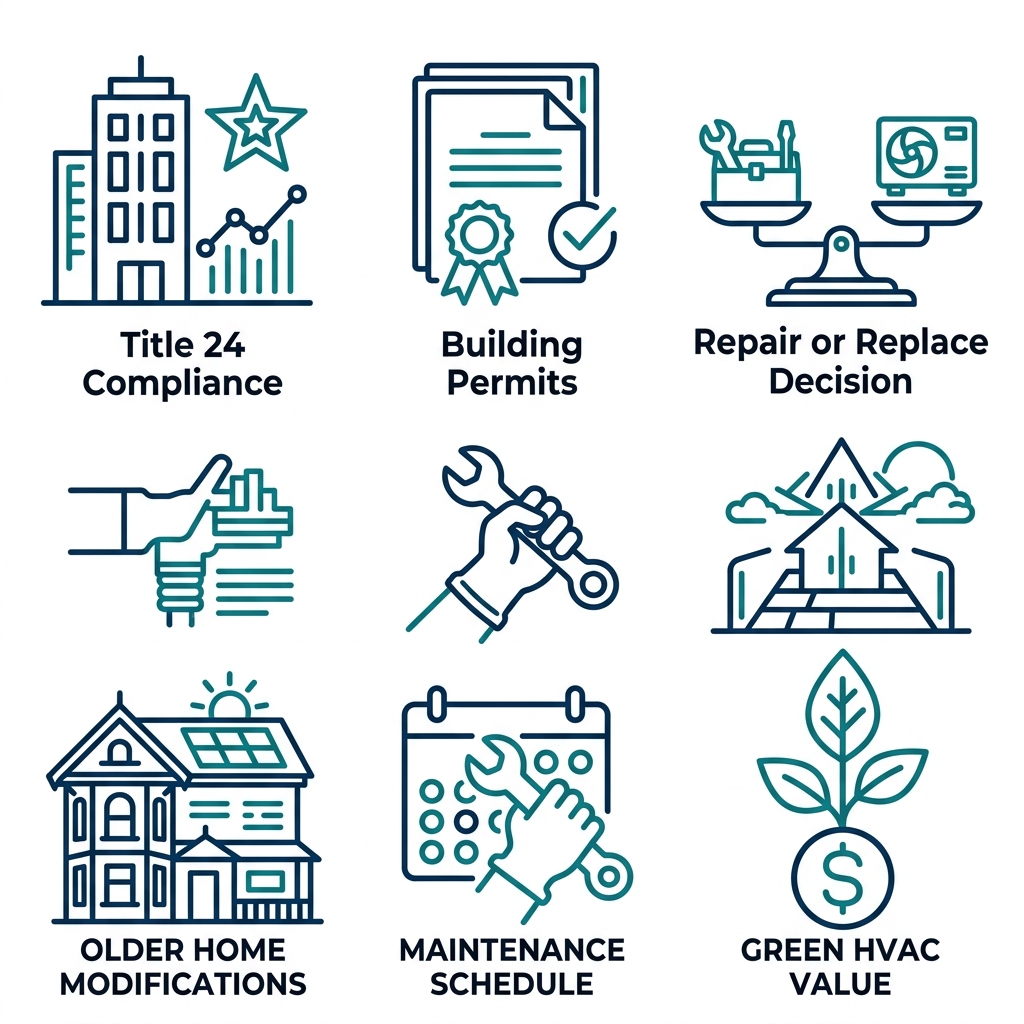 Grid of six outlined icons representing HVAC project considerations in San Francisco: compliance, permits, repair decision, older homes, maintenance, and green value. No text.