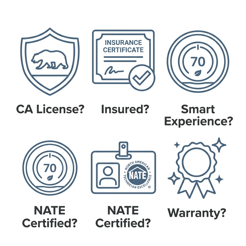 Five outline icons representing key questions to ask a thermostat technician.