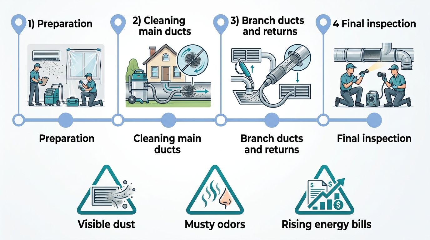 Horizontal timeline illustration of air duct cleaning stages for a San Francisco home with four steps: preparation, cleaning main ducts, branch ducts, and final inspection, plus three warning icons for dust, odors, and high bills.